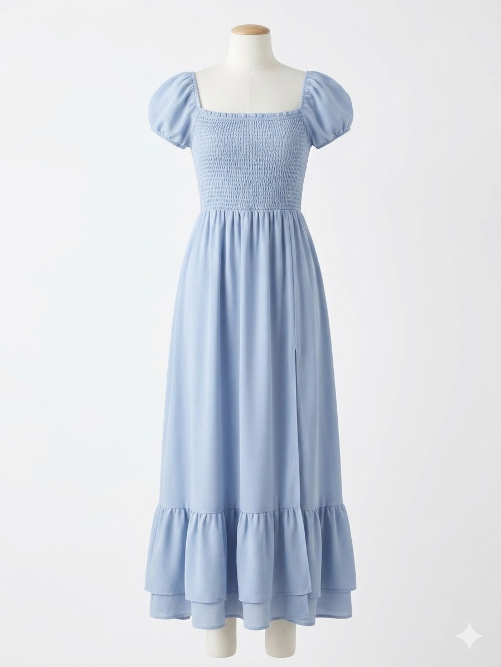 Reformation Blue Smocked Bodice Puff Sleeve Ruffle Hem Side Slit Midi Dress Sz L